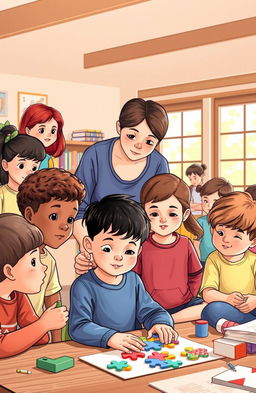 A comprehensive and informative illustration depicting a diverse group of children, showcasing various traits of autism, engaging in different activities
