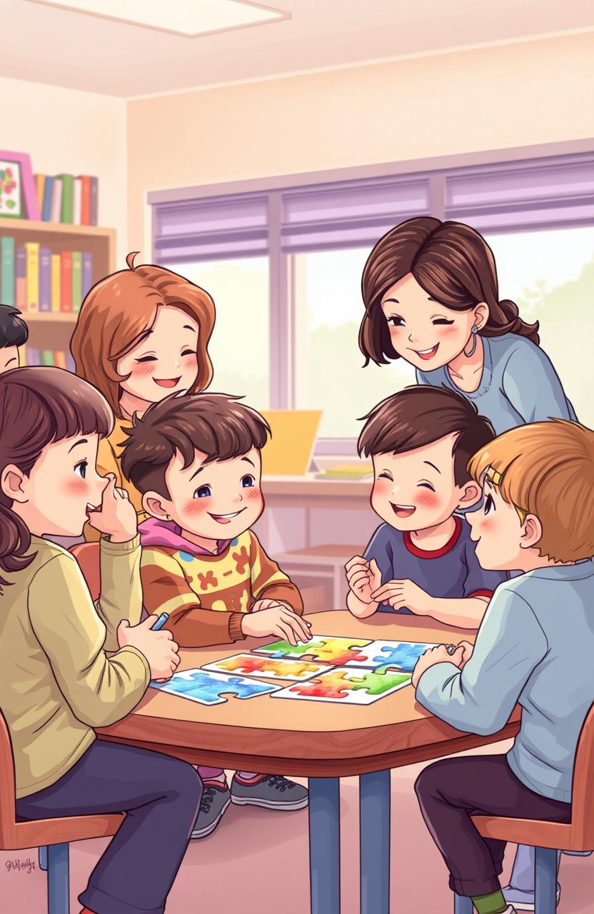 A comprehensive and informative illustration depicting a diverse group of children, showcasing various traits of autism, engaging in different activities