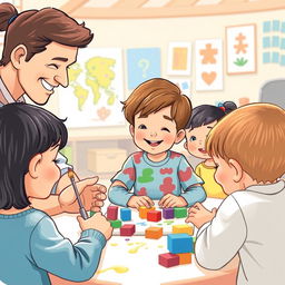 An educational and heartwarming illustration featuring a child with autism engaged in a creative activity, such as painting or playing with building blocks