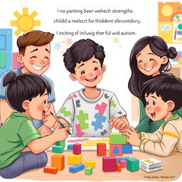 An educational and heartwarming illustration featuring a child with autism engaged in a creative activity, such as painting or playing with building blocks