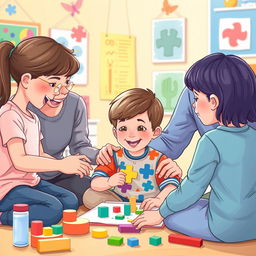 An educational and heartwarming illustration featuring a child with autism engaged in a creative activity, such as painting or playing with building blocks