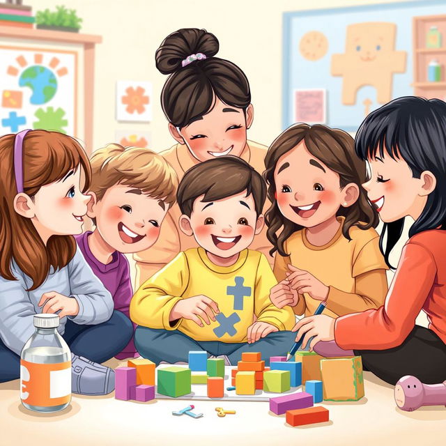 An educational and heartwarming illustration featuring a child with autism engaged in a creative activity, such as painting or playing with building blocks