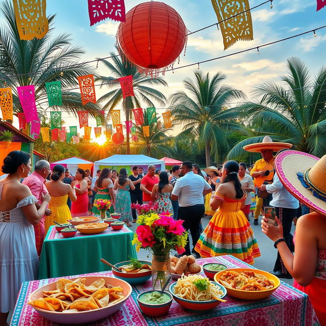 A vibrant and colorful outdoor fiesta scene filled with Mexican cultural elements