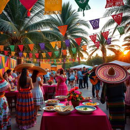 A vibrant and colorful outdoor fiesta scene filled with Mexican cultural elements