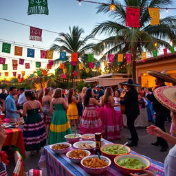 A vibrant and colorful outdoor fiesta scene filled with Mexican cultural elements