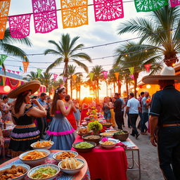 A vibrant and colorful outdoor fiesta scene filled with Mexican cultural elements