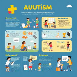 An informative and engaging visual representation about autism, featuring a variety of scenes that depict aspects of autism in everyday life