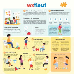An informative and engaging visual representation about autism, featuring a variety of scenes that depict aspects of autism in everyday life