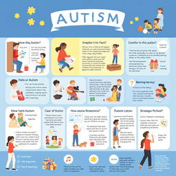 An informative and engaging visual representation about autism, featuring a variety of scenes that depict aspects of autism in everyday life