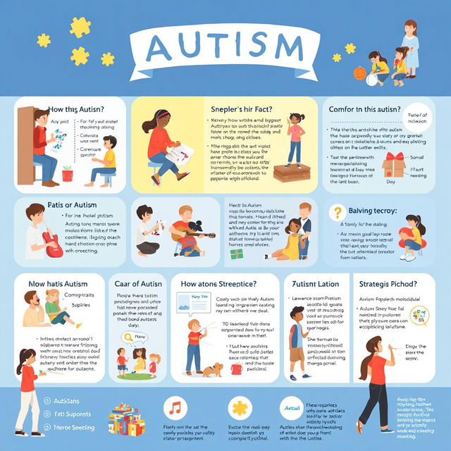An informative and engaging visual representation about autism, featuring a variety of scenes that depict aspects of autism in everyday life