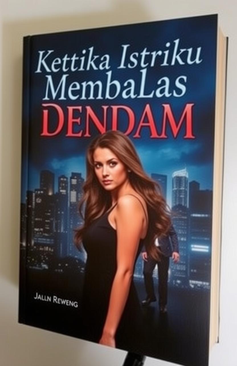 A dramatic book cover design featuring a mysterious woman standing confidently in front of a dimly lit cityscape, with a shadowy figure lurking in the background