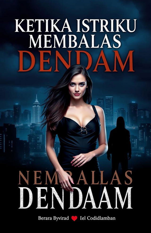 A dramatic book cover design featuring a mysterious woman standing confidently in front of a dimly lit cityscape, with a shadowy figure lurking in the background