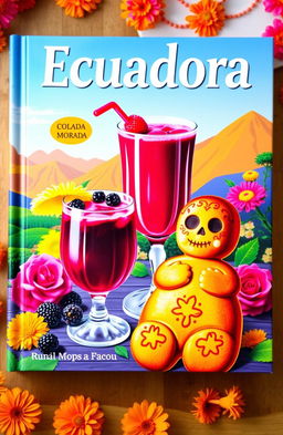 A vibrant and festive book cover showcasing Colada Morada, a traditional Ecuadorian purple corn drink, in an elegant glass garnished with fruits like blackberries and strawberries