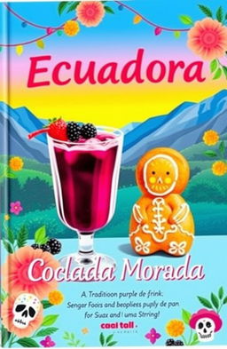 A vibrant and festive book cover showcasing Colada Morada, a traditional Ecuadorian purple corn drink, in an elegant glass garnished with fruits like blackberries and strawberries