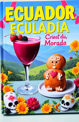 A vibrant and festive book cover showcasing Colada Morada, a traditional Ecuadorian purple corn drink, in an elegant glass garnished with fruits like blackberries and strawberries