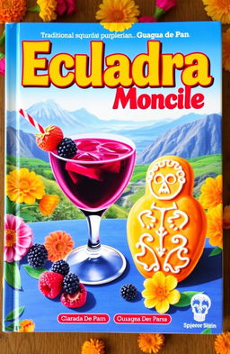 A vibrant and festive book cover showcasing Colada Morada, a traditional Ecuadorian purple corn drink, in an elegant glass garnished with fruits like blackberries and strawberries