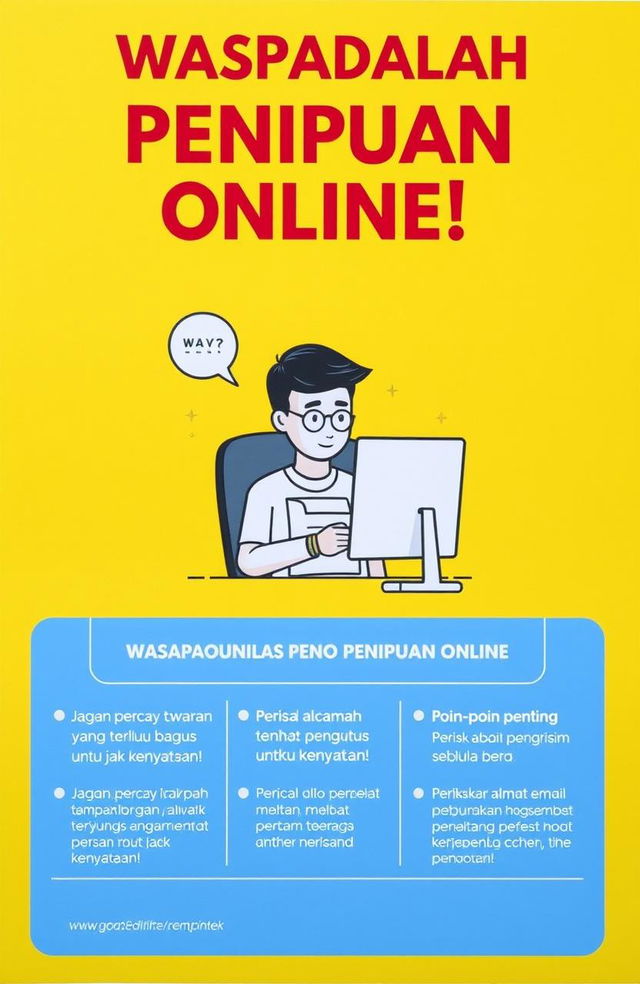 Sebuah poster berwarna cerah bertema edukasi tentang penipuan online