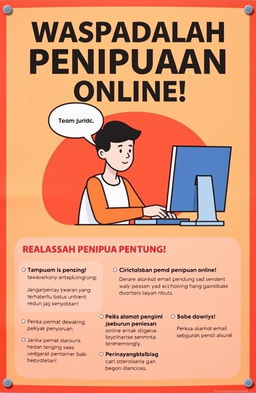 Sebuah poster berwarna cerah bertema edukasi tentang penipuan online