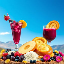Una portada colorida y festiva que presenta la Colada Morada en un elegante vaso decorado con frutas como moras y fresas, y al lado la Guagua de Pan, un tradicional pan en forma de bebé con intrincados diseños de glaseado