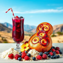 Una portada colorida y festiva que presenta la Colada Morada en un elegante vaso decorado con frutas como moras y fresas, y al lado la Guagua de Pan, un tradicional pan en forma de bebé con intrincados diseños de glaseado