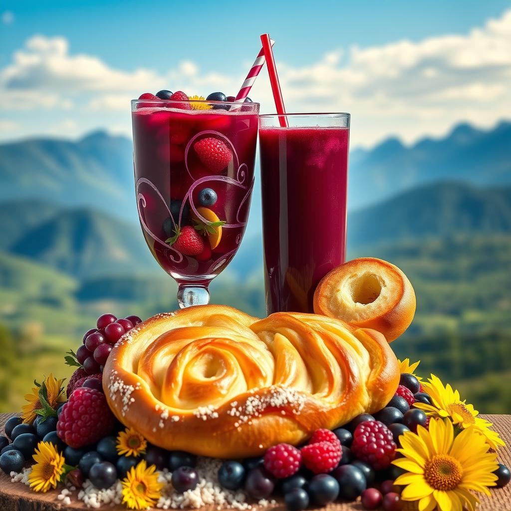 Una portada colorida y festiva que presenta la Colada Morada en un elegante vaso decorado con frutas como moras y fresas, y al lado la Guagua de Pan, un tradicional pan en forma de bebé con intrincados diseños de glaseado