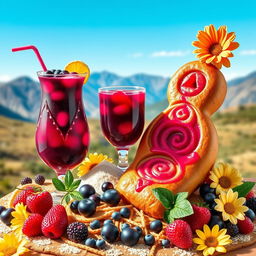 Una portada colorida y festiva que presenta la Colada Morada en un elegante vaso decorado con frutas como moras y fresas, y al lado la Guagua de Pan, un tradicional pan en forma de bebé con intrincados diseños de glaseado