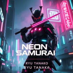 A captivating book cover design for 'Neon Samurai' by Ryu Tanaka