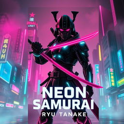 A captivating book cover design for 'Neon Samurai' by Ryu Tanaka