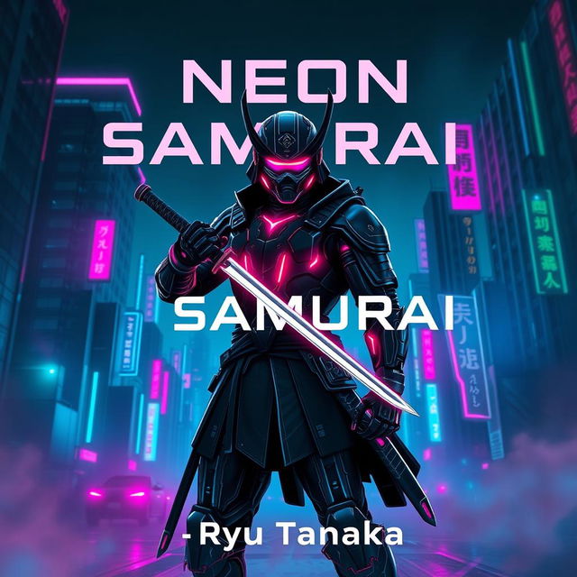 A captivating book cover design for 'Neon Samurai' by Ryu Tanaka