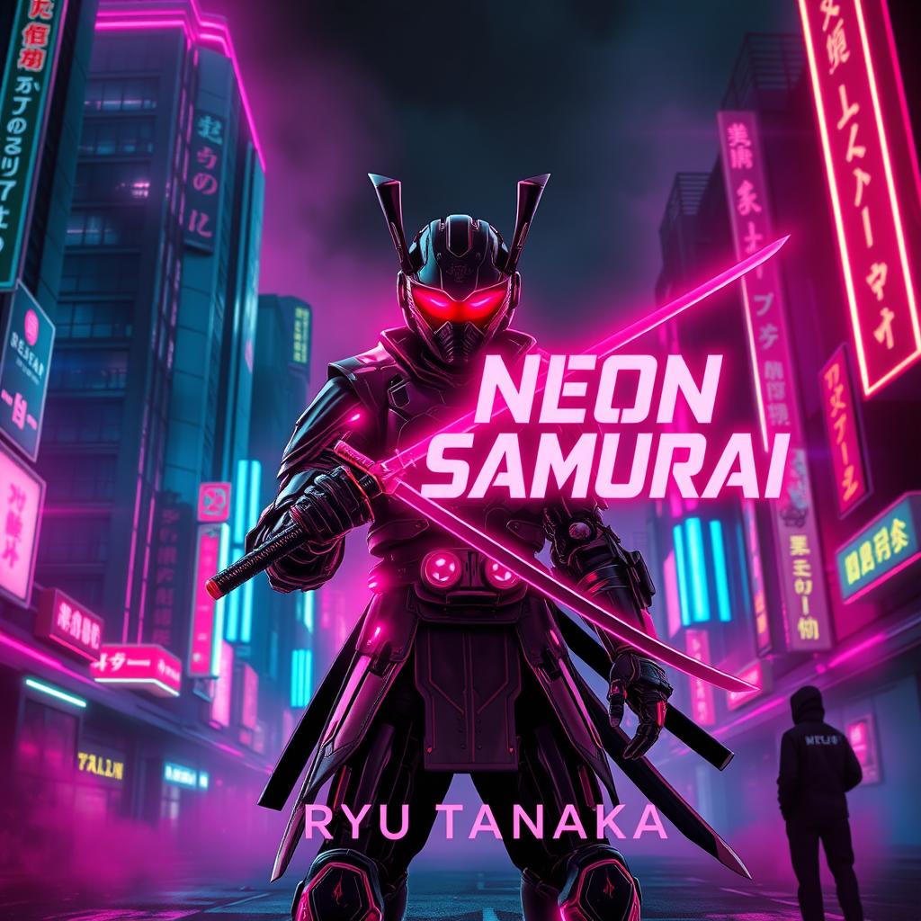 A captivating book cover design for 'Neon Samurai' by Ryu Tanaka