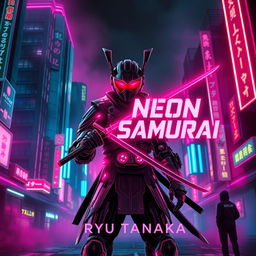 A captivating book cover design for 'Neon Samurai' by Ryu Tanaka