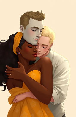 A romantic and tender scene depicting a white man and a dark-skinned woman hugging each other warmly