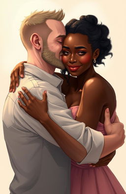 A romantic and tender scene depicting a white man and a dark-skinned woman hugging each other warmly