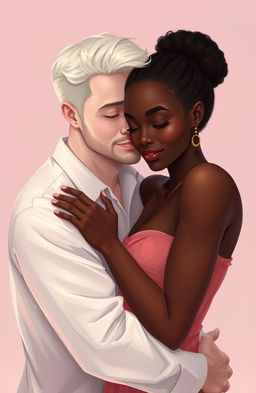 A romantic and tender scene depicting a white man and a dark-skinned woman hugging each other warmly