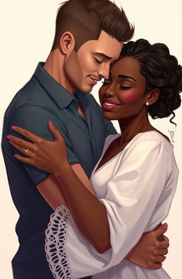 A romantic and tender scene depicting a white man and a dark-skinned woman hugging each other warmly
