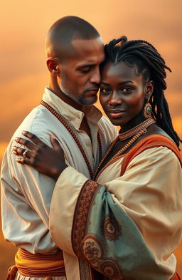 A beautiful depiction of a white man and a dark-skinned woman embracing affectionately, showcasing deep connection and love