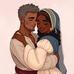 A captivating illustration titled 'Abraham and Sarah' inspired by the artistic style of D'FRANS, featuring a white man and a dark-skinned woman embracing tenderly