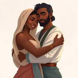 A captivating illustration titled 'Abraham and Sarah' inspired by the artistic style of D'FRANS, featuring a white man and a dark-skinned woman embracing tenderly