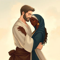 A captivating illustration titled 'Abraham and Sarah' inspired by the artistic style of D'FRANS, featuring a white man and a dark-skinned woman embracing tenderly