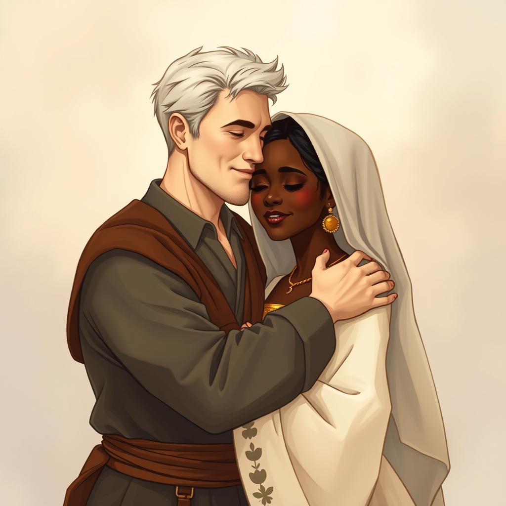 A captivating illustration titled 'Abraham and Sarah' inspired by the artistic style of D'FRANS, featuring a white man and a dark-skinned woman embracing tenderly