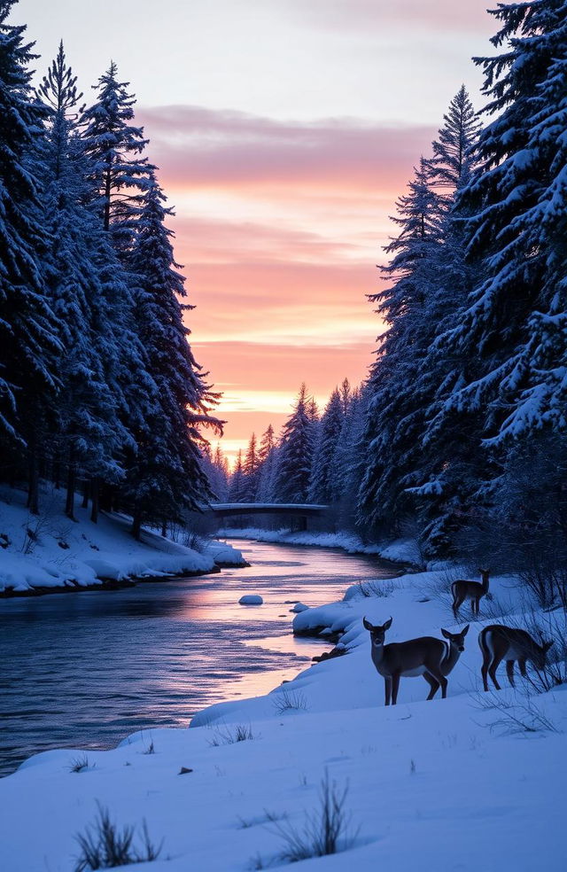 A serene winter landscape at dawn, featuring a gently flowing river surrounded by snow-covered pine trees