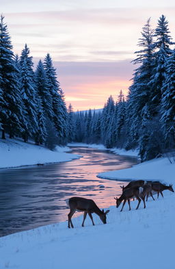 A serene winter landscape at dawn, featuring a gently flowing river surrounded by snow-covered pine trees
