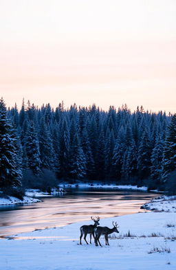 A serene winter landscape at dawn, featuring a gently flowing river surrounded by snow-covered pine trees