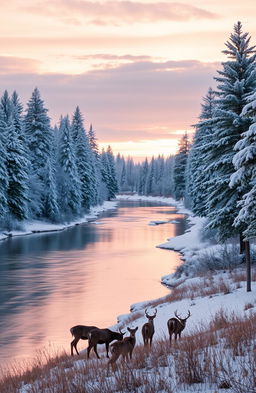 A serene winter landscape at dawn, featuring a gently flowing river surrounded by snow-covered pine trees