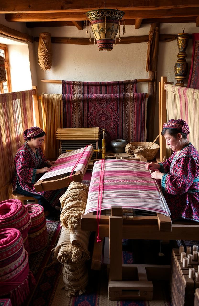 A traditional scene depicting Uzbek weavers at work, showcasing intricate weaving techniques