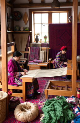A traditional scene depicting Uzbek weavers at work, showcasing intricate weaving techniques