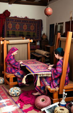 A traditional scene depicting Uzbek weavers at work, showcasing intricate weaving techniques