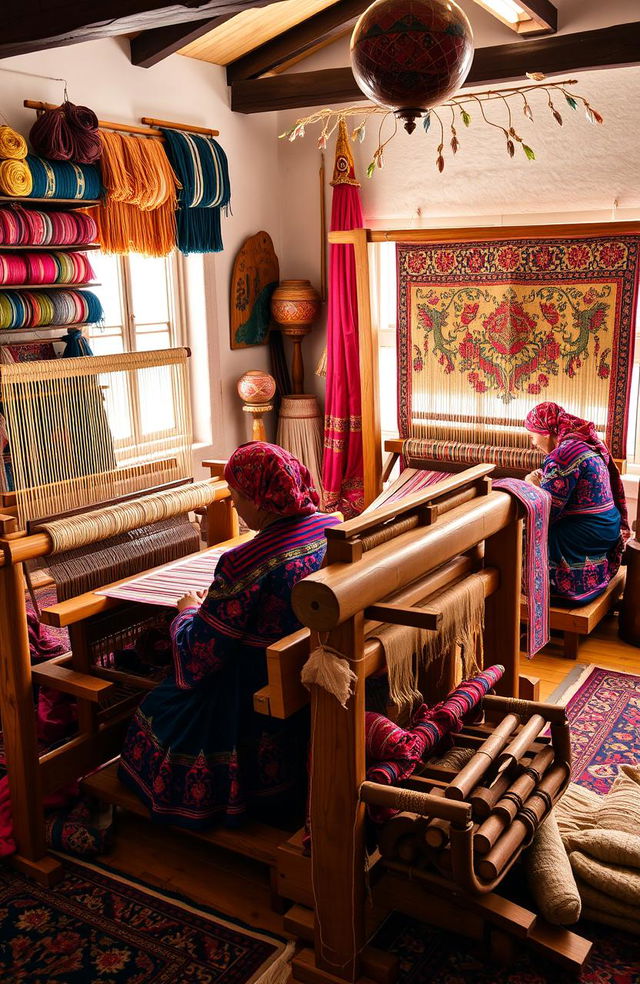 A traditional scene depicting Uzbek weavers at work, showcasing intricate weaving techniques