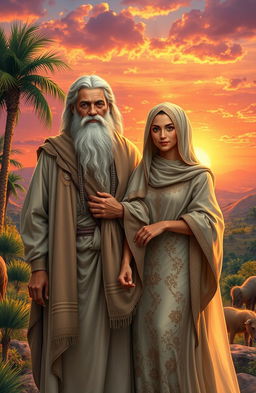 A beautifully detailed historical scene depicting Abraham and Sarah in an ancient Middle Eastern setting