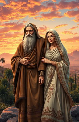 A beautifully detailed historical scene depicting Abraham and Sarah in an ancient Middle Eastern setting